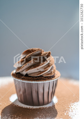 Cupcake on a dark background, that has just been sprinkled with cocoa on top. Cupcake on a dark background, that has just been sprinkled with cocoa on top. 101282730