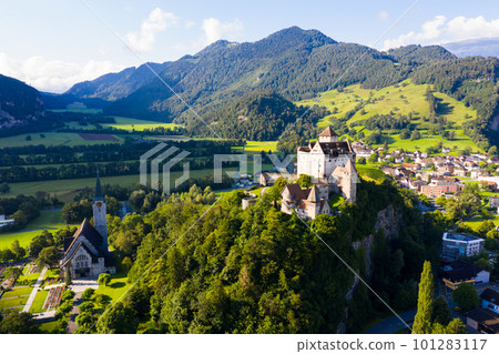 View from drone of Gutenberg Castle in Balzers, Liechtenstein View from drone of Gutenberg Castle in Balzers, Liechtenstein 101283117