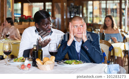 Two unhappy male friends talking together in a restaurant Two unhappy male friends talking together in a restaurant 101283273