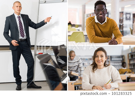 Collage of portraits of interested people teaching and studying 101283325