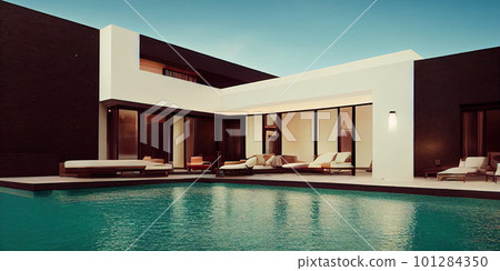 Luxury pool villa spectacular contemporary design digital art real estate , home, house and property, Generative AI illustration. 101284350