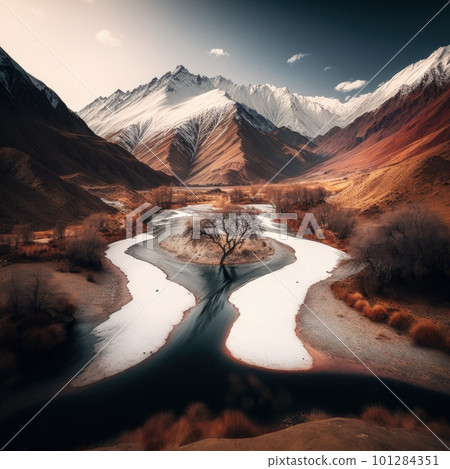 aerial view of glen Etive in winter near glencoe in the argyll region of the highlands of scotland showing snow dusting on the mountains and munros. Generative AI. 101284351