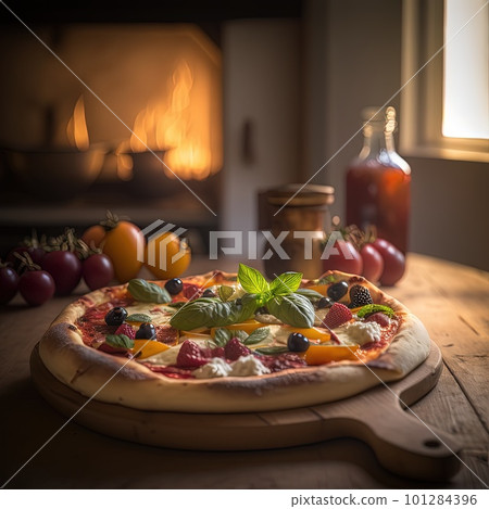Fresh baking homemade pizza ham, cheese, tomatoes, basil on baking paper over wooden table background. Home baking or delivered fast food. Flat lay, space. Generative AI. 101284396