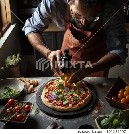 creative food photography blogger taking photo and styling pizza. Generative AI. 101284397