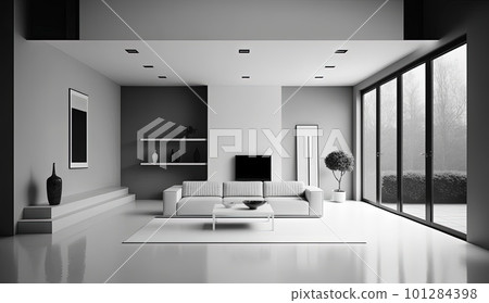 modern minimalistic interior design of light bright monochrome room with black and white furniture, clean white walls and huge windows.Generative AI. 101284398