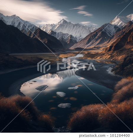 aerial view of glen Etive in winter near glencoe in the argyll region of the highlands of scotland showing snow dusting on the mountains and munros. Generative AI. 101284400