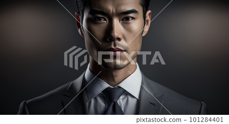 A male model is standing and posing wearing a plain black shirt and suit. Stock photos of product models. Handsome man. Half body and medium close up photos. Generative AI. A male model is standing and posing wearing a plain black shirt and suit. Stock photos of product models. Handsome man. Half body and medium close up photos. Generative AI. 101284401