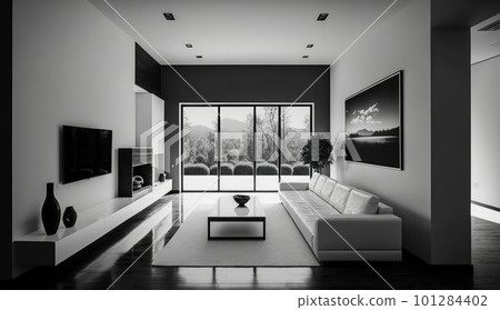 modern minimalistic interior design of light bright monochrome room with black and white furniture, clean white walls and huge windows.Generative AI. modern minimalistic interior design of light bright monochrome room with black and white furniture, clean white walls and huge windows.Generative AI. 101284402