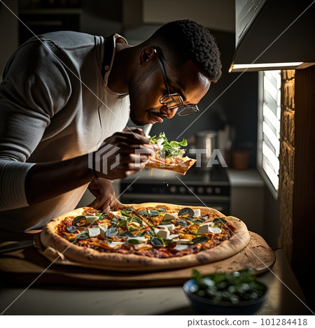creative food photography blogger taking photo and styling pizza. Generative AI. 101284418