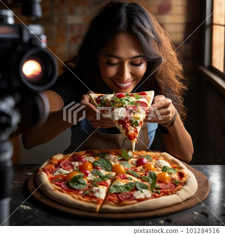 creative food photography blogger taking photo and styling pizza. Generative AI. 101284516