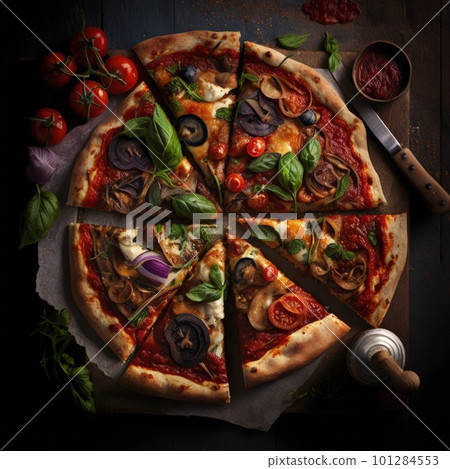 Fresh baking homemade pizza ham, cheese, tomatoes, basil on baking paper over wooden table background. Home baking or delivered fast food. Flat lay, space. Generative AI. 101284553