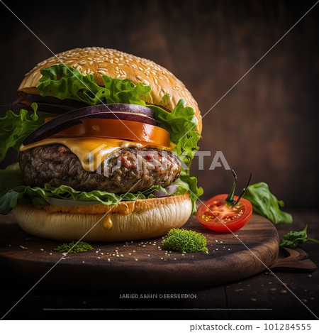 Close-up of home made tasty burger on wooden table. Generative AI. 101284555