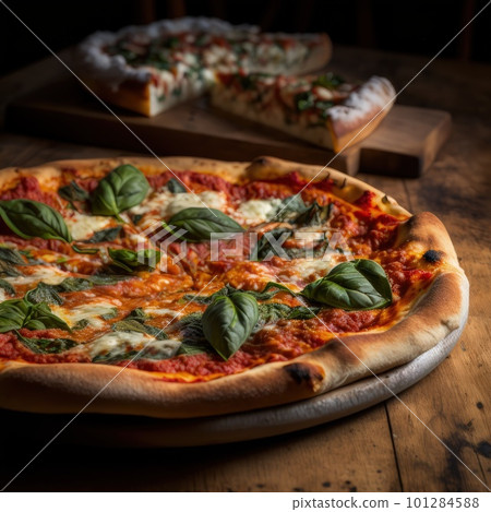 Fresh baking homemade pizza ham, cheese, tomatoes, basil on baking paper over wooden table background. Home baking or delivered fast food. Flat lay, space. Generative AI. Fresh baking homemade pizza ham, cheese, tomatoes, basil on baking paper over wooden table background. Home baking or delivered fast food. Flat lay, space. Generative AI. 101284588