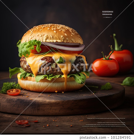 Close-up of home made tasty burger on wooden table. Generative AI. 101284591