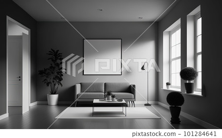modern minimalistic interior design of light bright monochrome room with black and white furniture, clean white walls and huge windows.Generative AI. 101284641