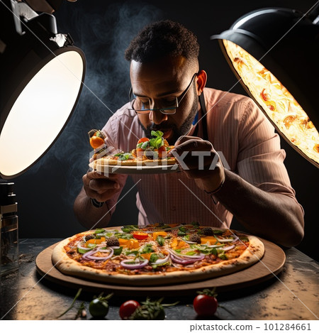 creative food photography blogger taking photo and styling pizza. Generative AI. 101284661