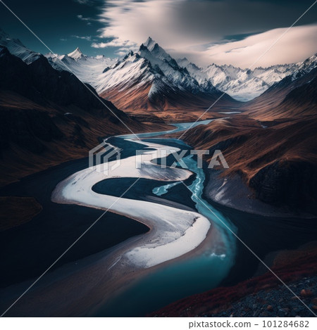 aerial view of glen Etive in winter near glencoe in the argyll region of the highlands of scotland showing snow dusting on the mountains and munros. Generative AI. aerial view of glen Etive in winter near glencoe in the argyll region of the highlands of scotland showing snow dusting on the mountains and munros. Generative AI. 101284682