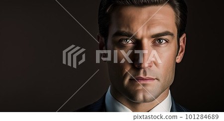 A male model is standing and posing wearing a plain black shirt and suit. Stock photos of product models. Handsome man. Half body and medium close up photos. Generative AI. A male model is standing and posing wearing a plain black shirt and suit. Stock photos of product models. Handsome man. Half body and medium close up photos. Generative AI. 101284689
