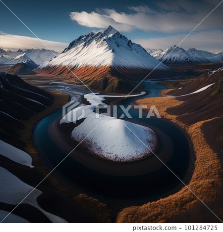 aerial view of glen Etive in winter near glencoe in the argyll region of the highlands of scotland showing snow dusting on the mountains and munros. Generative AI. 101284725