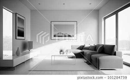 modern minimalistic interior design of light bright monochrome room with black and white furniture, clean white walls and huge windows.Generative AI. modern minimalistic interior design of light bright monochrome room with black and white furniture, clean white walls and huge windows.Generative AI. 101284739
