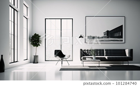 modern minimalistic interior design of light bright monochrome room with black and white furniture, clean white walls and huge windows.Generative AI. 101284740