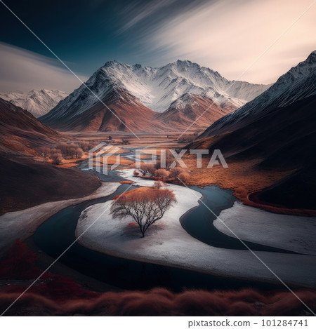 aerial view of glen Etive in winter near glencoe in the argyll region of the highlands of scotland showing snow dusting on the mountains and munros. Generative AI. aerial view of glen Etive in winter near glencoe in the argyll region of the highlands of scotland showing snow dusting on the mountains and munros. Generative AI. 101284741