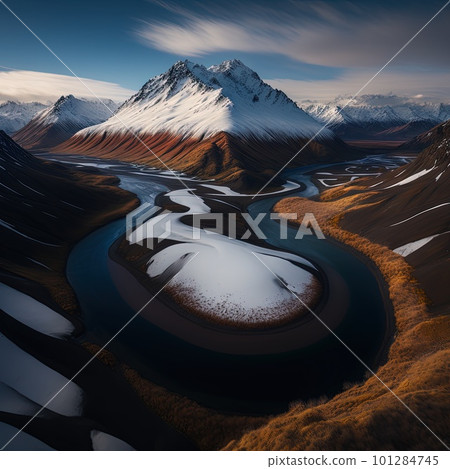 aerial view of glen Etive in winter near glencoe in the argyll region of the highlands of scotland showing snow dusting on the mountains and munros. Generative AI. aerial view of glen Etive in winter near glencoe in the argyll region of the highlands of scotland showing snow dusting on the mountains and munros. Generative AI. 101284745