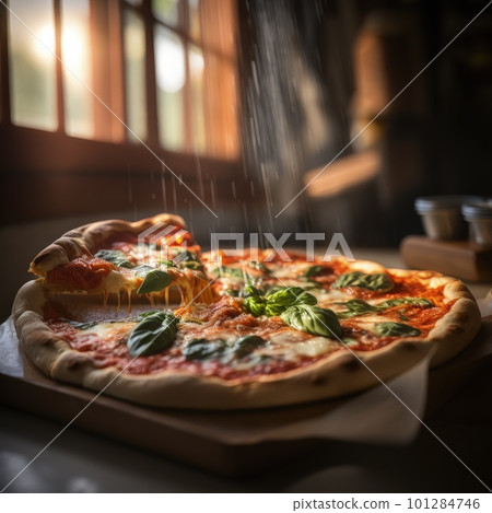 Fresh baking homemade pizza ham, cheese, tomatoes, basil on baking paper over wooden table background. Home baking or delivered fast food. Flat lay, space. Generative AI. 101284746