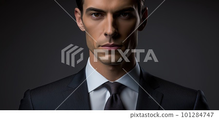 A male model is standing and posing wearing a plain black shirt and suit. Stock photos of product models. Handsome man. Half body and medium close up photos. Generative AI. 101284747