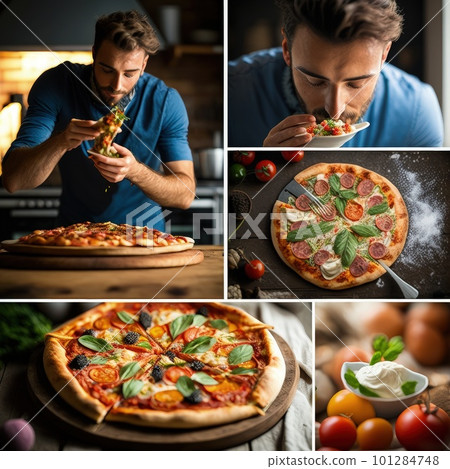 creative food photography blogger taking photo and styling pizza. Generative AI. creative food photography blogger taking photo and styling pizza. Generative AI. 101284748