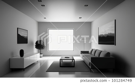 modern minimalistic interior design of light bright monochrome room with black and white furniture, clean white walls and huge windows.Generative AI. 101284749