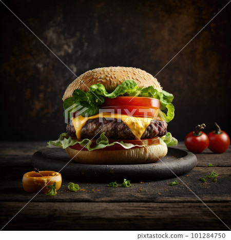 Close-up of home made tasty burger on wooden table. Generative AI. 101284750