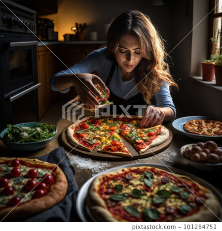 creative food photography blogger taking photo and styling pizza. Generative AI. 101284751