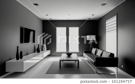 modern minimalistic interior design of light bright monochrome room with black and white furniture, clean white walls and huge windows.Generative AI. 101284757
