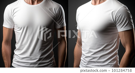 The guy in the white t-shirt. Light t-shirt on a dark background. Layout of the old t-shirt. T-shirt layout on the model.Generative AI. 101284758