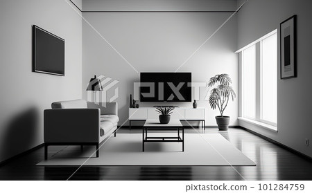 modern minimalistic interior design of light bright monochrome room with black and white furniture, clean white walls and huge windows.Generative AI. 101284759