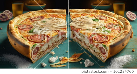 Fresh baking homemade pizza ham, cheese, tomatoes, basil on baking paper over wooden table background. Home baking or delivered fast food. Flat lay, space. Generative AI. 101284760