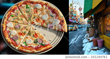 Fresh baking homemade pizza ham, cheese, tomatoes, basil on baking paper over wooden table background. Home baking or delivered fast food. Flat lay, space. Generative AI. Fresh baking homemade pizza ham, cheese, tomatoes, basil on baking paper over wooden table background. Home baking or delivered fast food. Flat lay, space. Generative AI. 101284761