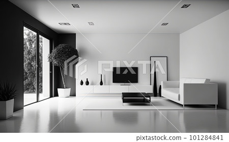 modern minimalistic interior design of light bright monochrome room with black and white furniture, clean white walls and huge windows.Generative AI. 101284841