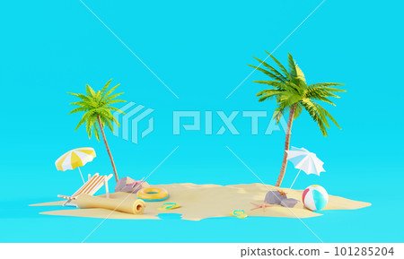 Summer vacation beach abstract background concept, Minimal Realistic Display Podium for Product mock-up or Cosmetics with summer theme, beach umbrella, sand, chairs, inflatable ring. 3d rendering Summer vacation beach abstract background concept, Minimal Realistic Display Podium for Product mock-up or Cosmetics with summer theme, beach umbrella, sand, chairs, inflatable ring. 3d rendering 101285204