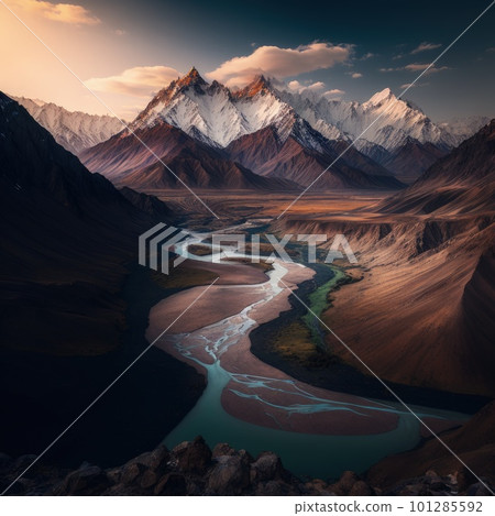 aerial view of glen Etive in winter near glencoe in the argyll region of the highlands of scotland showing snow dusting on the mountains and munros. Generative AI. aerial view of glen Etive in winter near glencoe in the argyll region of the highlands of scotland showing snow dusting on the mountains and munros. Generative AI. 101285592