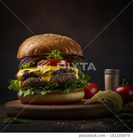 Close-up of home made tasty burger on wooden table. Generative AI. 101285679