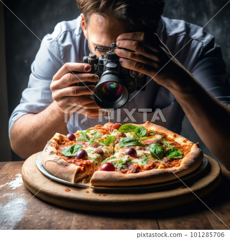 creative food photography blogger taking photo and styling pizza. Generative AI. creative food photography blogger taking photo and styling pizza. Generative AI. 101285706
