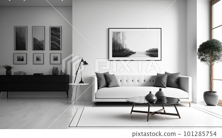 modern minimalistic interior design of light bright monochrome room with black and white furniture, clean white walls and huge windows.Generative AI. 101285754
