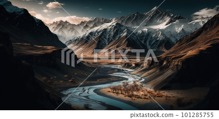 aerial view of glen Etive in winter near glencoe in the argyll region of the highlands of scotland showing snow dusting on the mountains and munros. Generative AI. 101285755