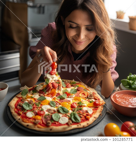 creative food photography blogger taking photo and styling pizza. Generative AI. 101285771