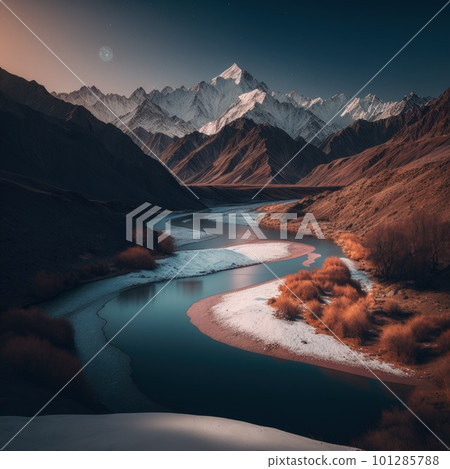 aerial view of glen Etive in winter near glencoe in the argyll region of the highlands of scotland showing snow dusting on the mountains and munros. Generative AI. aerial view of glen Etive in winter near glencoe in the argyll region of the highlands of scotland showing snow dusting on the mountains and munros. Generative AI. 101285788
