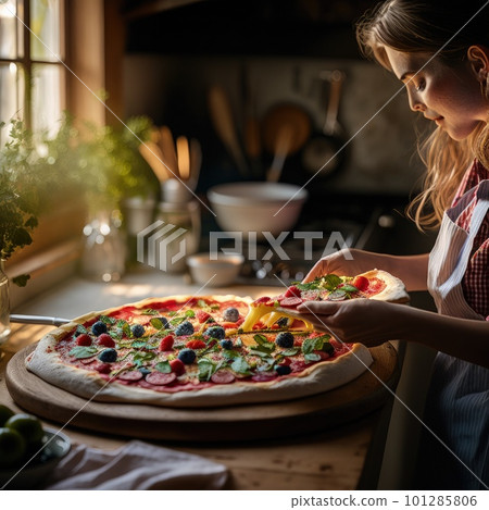 creative food photography blogger taking photo and styling pizza. Generative AI. 101285806
