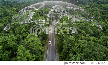 Electric vehicle car going through forest, EV electrical energy for environment, Nature power technology sustainable devlopment goals green energy, Ecosystem ecology healthy environment road trip Electric vehicle car going through forest, EV electrical energy for environment, Nature power technology sustainable devlopment goals green energy, Ecosystem ecology healthy environment road trip 101286464