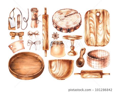 Watercolor set of wooden baking and kitchen tools. Isolated group on a white background Watercolor set of wooden baking and kitchen tools. Isolated group on a white background 101286842